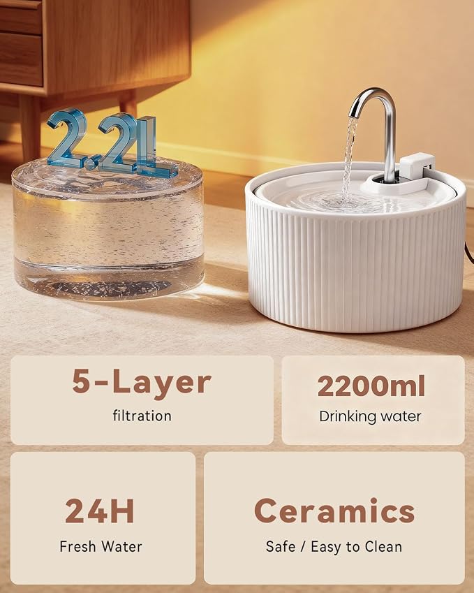 Ceramic Cat Water Fountain, 2.2L/74oz Cat Fountains for Drinking Indoor, Pet Water Fountain with Ultra-Quiet Pump (Fountain+3 Filters & 3 Sponges)