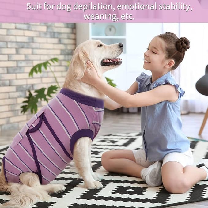 Kuoser Dog Surgery Recovery Suit, Soft Breathable Dog Recovery Suit for Female Spay Male Nueuter, Anti Licking Puppy Onesie Pet Surgical Suit for Dogs Abdominal Wounds Skin Disease, Purple Strips XS