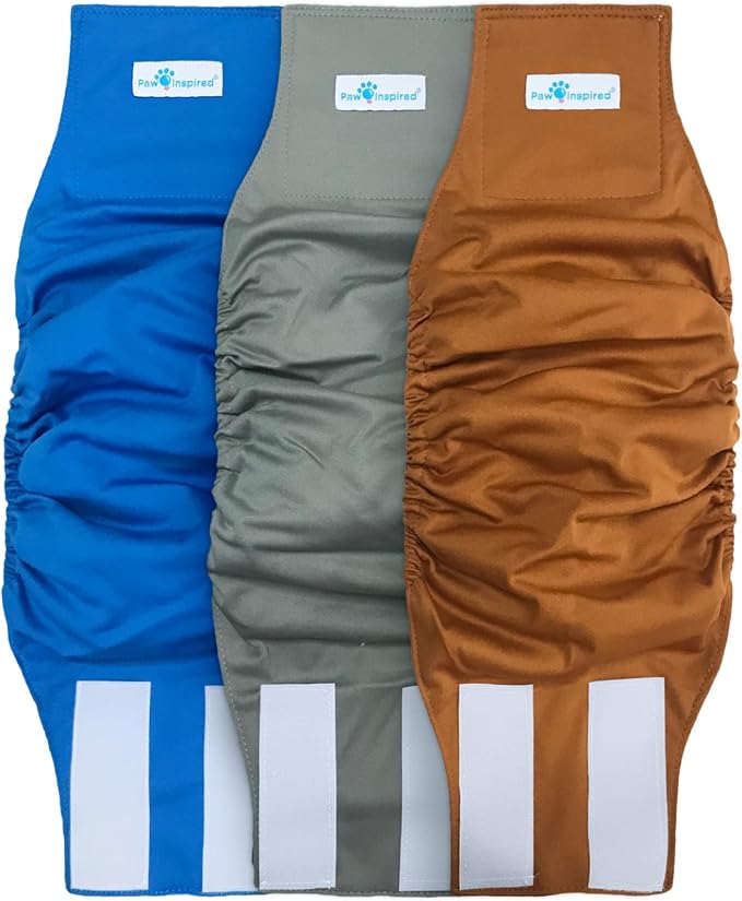 Paw Inspired 3-Count Reusable Male Dog Wraps, Washable Diapers for Male Dogs, Belly Bands for Incontinence, Surgery, Male Marking (Medium Size, Assorted Colors with White Lining, Pack of 3)