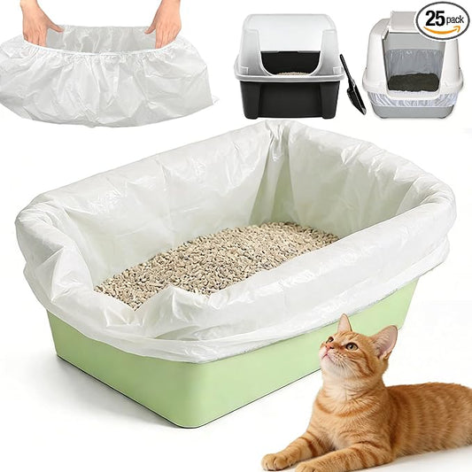 NewKe 25 Pcs Large Elastic Litter Box Liners for IRIS Cat Litter Boxes and for Catit Jumbo Hooded Cat Litter Pan, 2 MIL Super Tear-Resistant & Waterproof Disposable Bags, 30 lb Capacity, 42“ x 20”