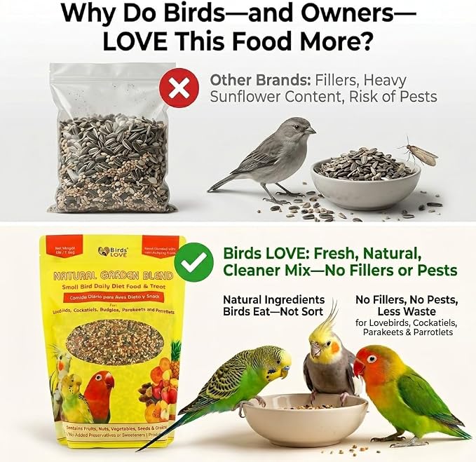 Birds LOVE Natural Garden Blend Bird Food for Small Birds, 2 lb - Hand Packed in USA, Natural Mix with Fruits, Seeds & Grains for Lovebirds, Cockatiels, Budgies & Parakeets