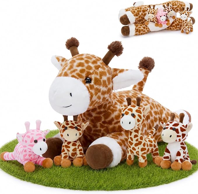 Tezituor 5Pcs Giraffe Stuffed Animal Set, 22 inch Large Mommy Stuffed Giraffe with 4 Cute Babies Deer Toy for Boys Girls, Soft Giraffe Plush Body Pillow for Birthday Party Decor