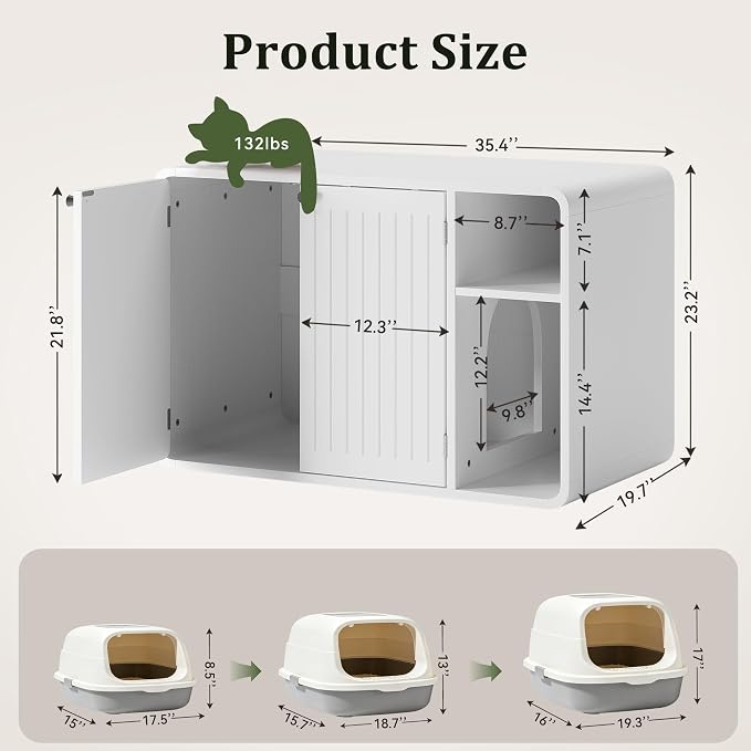 MXV 35.4" Cat Litter Box Enclosure, Hidden Wooden Cat Furniture with Slatted Doors, Mid-Century Modern Cat Washroom Storage Bench, Side End Table for Living Room, Bedroom, White