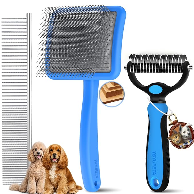 Large Dog Slicker Brush for Goldendoodles, Poodles - 3 in 1 Grooming Kit with Undercoat Rake, Comb - Extra Long Pins for Dematting Great Pyrenees, Thick Coats, Shedding, Detangling, Blue