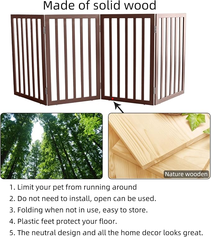 Dog Gate Indoor, Freestanding Dog Fence for The House, Doorways, Hallways,or Stairs,Pet Gate Foldable Wooden,Expandable 32" Height 4 Panels,Brown