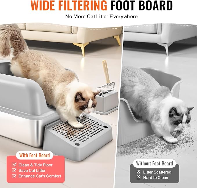 VEVOR Stainless Steel Cat Litter with Lid, XL Extra Large Enclosed Cat Litter Box for Big Cats, High Sides Metal Litter Box, Anti Leakage,Odor-Free & Easy Cleaning,Include Scoop & Foot Board