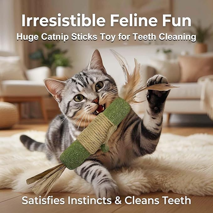 3 Pack Large Catnip Sticks with Feathers & Raffia, Interactive Cat Toys for Teeth Cleaning, Fresh Breath,Edible Cat Chew Sticks