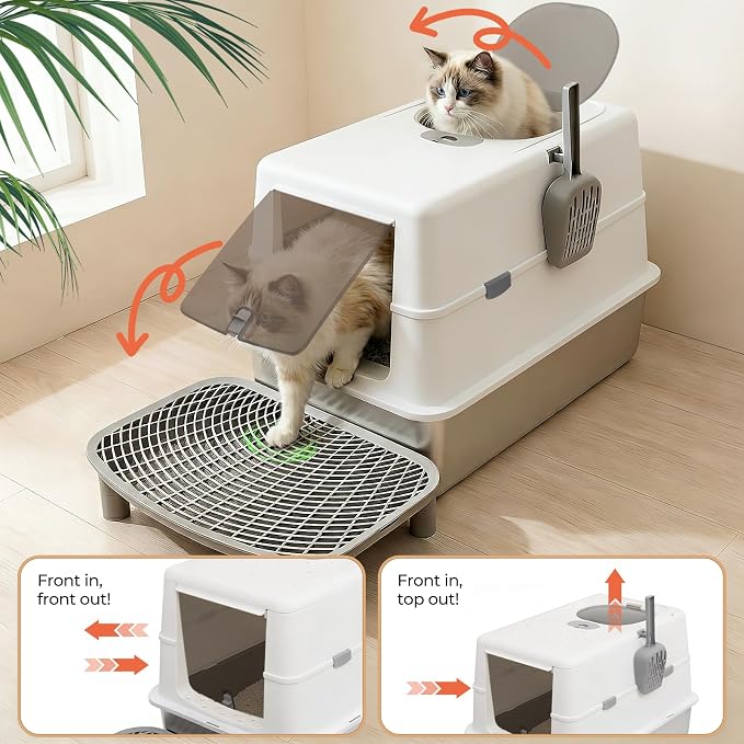 Extra Large Stainless Steel Cat Litter Box with 120° Lid for Multiple Cats, Enclosed Top Entry Litter Box High-Sided Anti-Leak Litter Box, Dog Proof Litter Boxes with Litter Step & Scoop