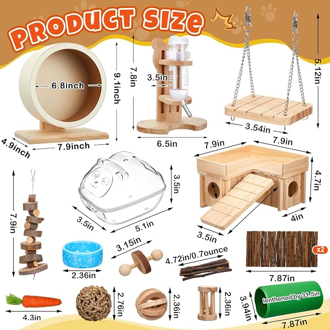 19 Pcs Hamster Cage Accessories & Habitat Set, Wooden Silent Exercise Wheel Wood Hide Out Tree Trunk Tunnel Tube Water Bottle Set Sand Bath Bowl Chew Toys for Dwarf Hamster Gerbil Mouse