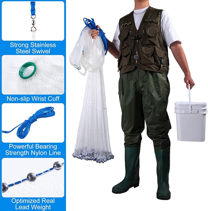 Goture American Fishing Cast Net,Casting Nets Freshwater Saltwater for Bait Fish Shrimp Trap 3ft/4ft/6ft/7ft/8ft/10ft/12ft Radius 1/4 3/8inch Mesh Size,Throw Fishing Castnet with Needle Shuttle