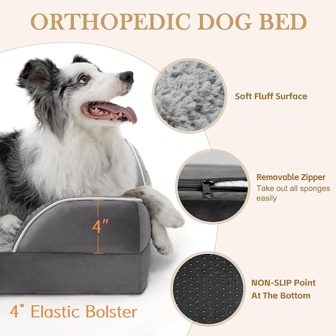 Comfort Expression Orthopedic Dog Bed for Large Dogs 38x25 Inch, Waterproof Supportive Egg Crate Foam Large Pet Bed with Removable Bolsters, Dog Couch with Washable Cover & Non-Slip Bottom, Grey