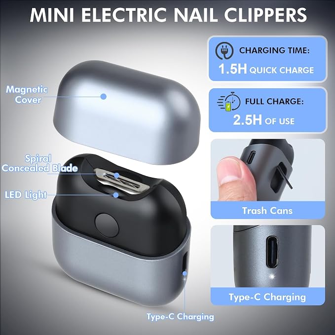 Electric Nail Clipper, 2-Speed Rechargeable Automatic Trimmer for Seniors & Babies with LED Light, Safe for Thick & Fragile Nails, Includes Nail Catcher & Storage Box