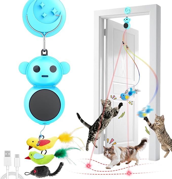 Interactive Cat Toys for Indoor Cats: 2-in-1 Laser Pointer Cat Toy with Automatic Flying Bird & Mouse Wand, Adjustable Speed USB Rechargeable Doorway Hanging Toy for Bored Kittens and Adult Cats