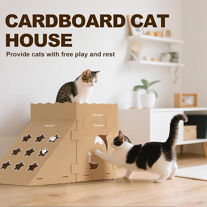 DIY Cardboard Cat House with Scratching Pad, Cat Tower Indoor Play House, Versatile Cardboard Cat Tunnel Box for One or More Pets, Indoor Use Rabbit Hideout Cave Castle Brown, 3 Parts