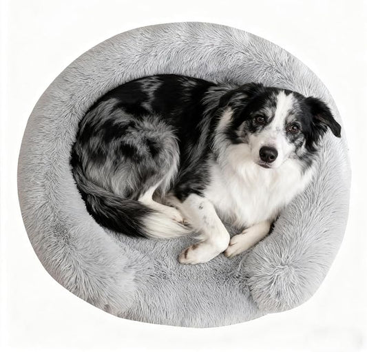Calming Dog & Cat Beds with Orthopedic Egg-Crate Foam Raised Rim, Soft Fluffy Faux Fur Pet Bed for Small Medium Dogs, Anxiety Relief Spine Support, Machine Washable (Round, Pale Grey 28")