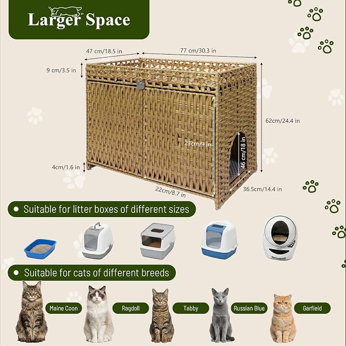 Neti Neti Cat Litter Box Enclosure Furniture, A Calm Enclosed Space Chosen by Cats, Handwoven Rattan Hidden Cabinet with 2 Removable Mats, Large Foldable Design for Indoor Use, Large, Natural