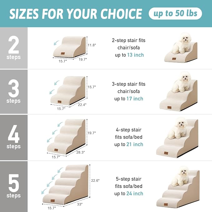 COZY KISS Dog Stairs for Small Dogs 19.7" H, Curved Dog Step for Puppy, Older or Cat, Medium Pet Ramp for Sofa, Couch or Bed, Ladder with High Density Foam, 4 Step, 15.7x28.3x19.7 inch, Beige
