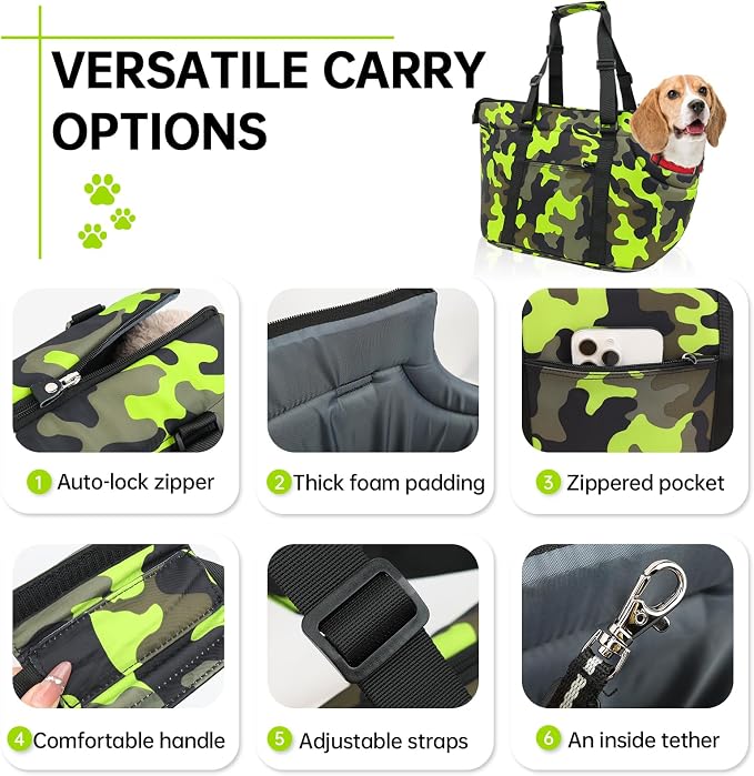 10mm Padded Tote Bag Carrier for Dog Cat Below 15.5lb/7kg-Camouflage Green