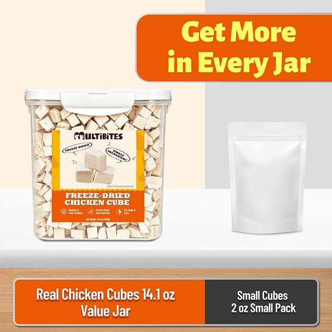 14.1 oz Freeze Dried Chicken Cubes for Dogs & Cats, Single‑Ingredient High‑Protein Grain-Free Treats, Large‑Sized Pet Snack Food Topper and Training Rewards for Multi‑Pet Households