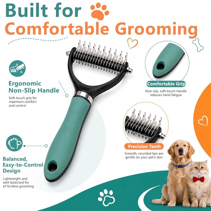 Dog Brush and Cat Deshedding Rake, Pet Grooming Tool for Shedding with Rounded Stainless Steel Teeth, Comfortable Grip for Long or Thick Coats (Orange)