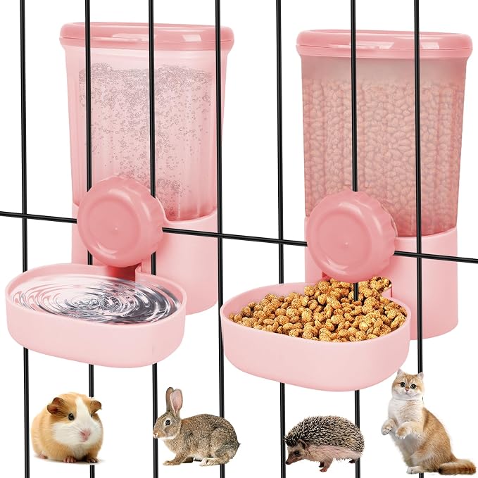 35oz Rabbit Feeder Guinea Pig Water Bottle,Hanging Automatic Food Water Dispenser,Food Feeder for Ferret Guinea Pig Rabbit Cat Bunny Cage Accessories,Pink