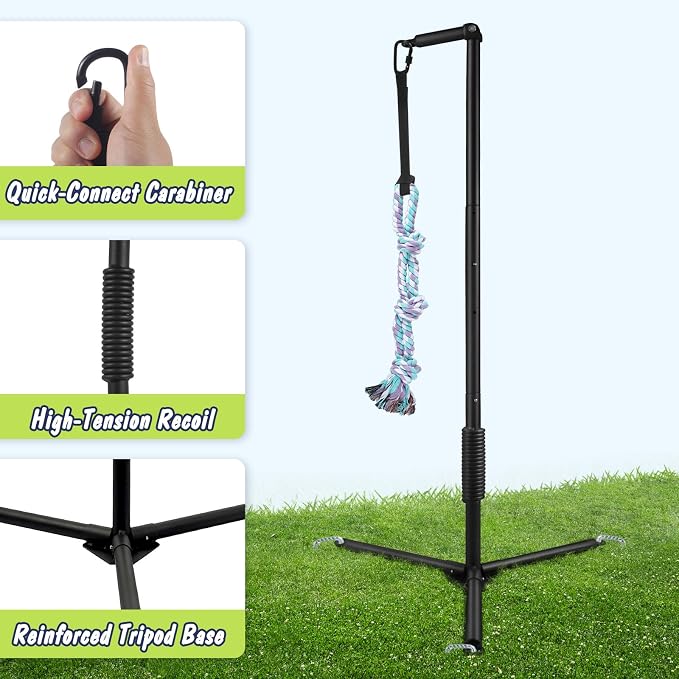 Outdoor Tug of War Dog Toy with Reinforced Tripod Base - Heavy Duty Iron 360° Interactive Tether Tug Toy for Backyard Solo Play - Adjustable Spring Pole Rope System for All Breeds