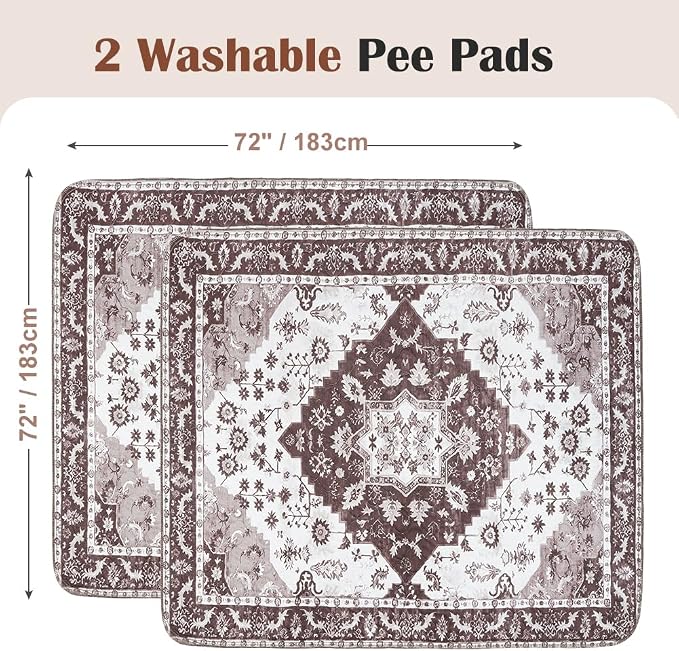 Washable Pee Pads for Dogs 2 Pack Reusable Puppy Training Pads 72"x72" Super Absorbent Waterproof Dog Training Pads, Non-Slip Potty Pads Whelping Pads Litter Mat Pet Supplies - Brown Medallion