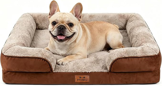 Orthopedic Dog Bed for Medium Dogs - Gel Memory Foam Pet Bed with Waterproof & Washable Cover, Contoured Bolster Design for Dogs & Cats (Brown, 30.0" L x 20.0" W x 6.3" Th)