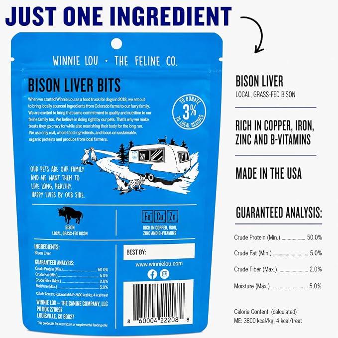 Winnie Lou Grass-Fed Bison Liver Bits Cat Treats, 3 Packs - Single Ingredient, High Protein Cat Food Snacks, Grain Free & Made in the USA, with Taurine, Iron & Zinc for Healthy Cats