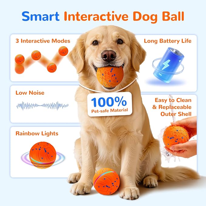 Smart Interactive Dog Toys Automatic Moving Dog Ball, Orange | ETPU New Material, Motion Activated Rolling & Rotating, For Medium & Large Dogs, Enrichment & Stimulation