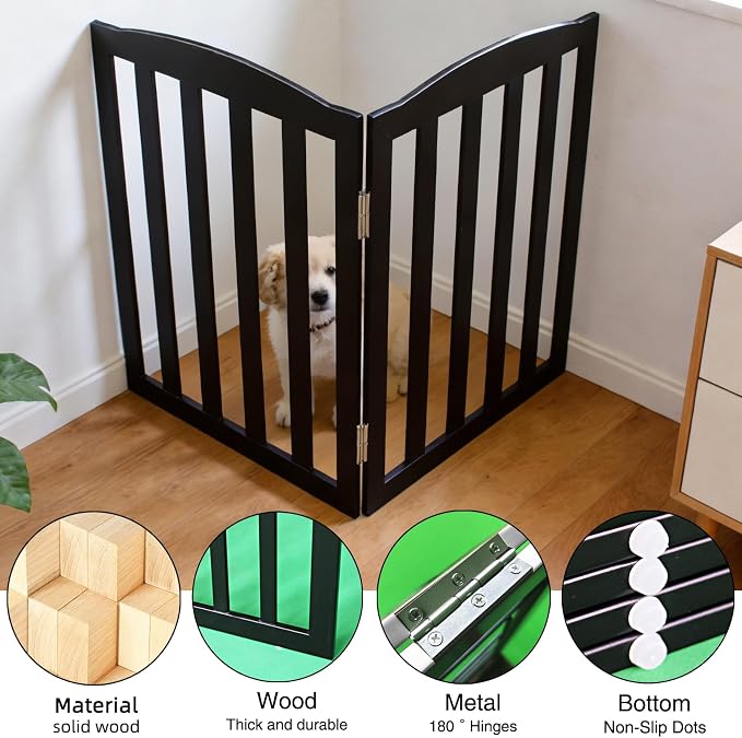 Freestanding Dog Gate Indoor,Doggie Gate Foldable Pet Gates for Doorways,Stairs or Hallways, Wooden Black Pet Gate for the House, Pet Fence,32 "Height-2 Panels