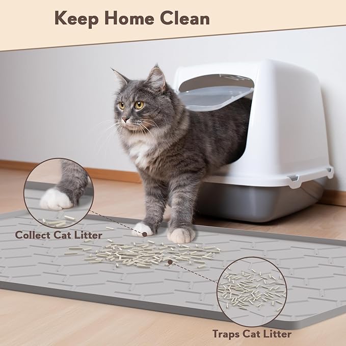 Garoopion Cat Litter Box Mat, Large 40" X 28" Litter Trapping Mat for Cats, Waterproof Silicone Pad for Floor, Gray