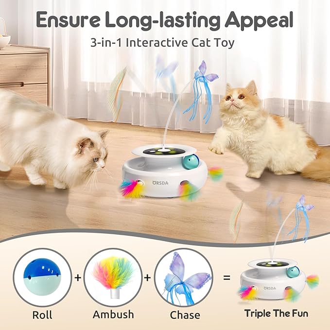 ORSDA Cat Toy, 3-in-1 Automatic Cat Toys for Indoor Cats, Interactive Feather Toys for All Breeds, Replacement Attachments 7PCS Cat Teaser Toy Refills Cat Wand Attachments