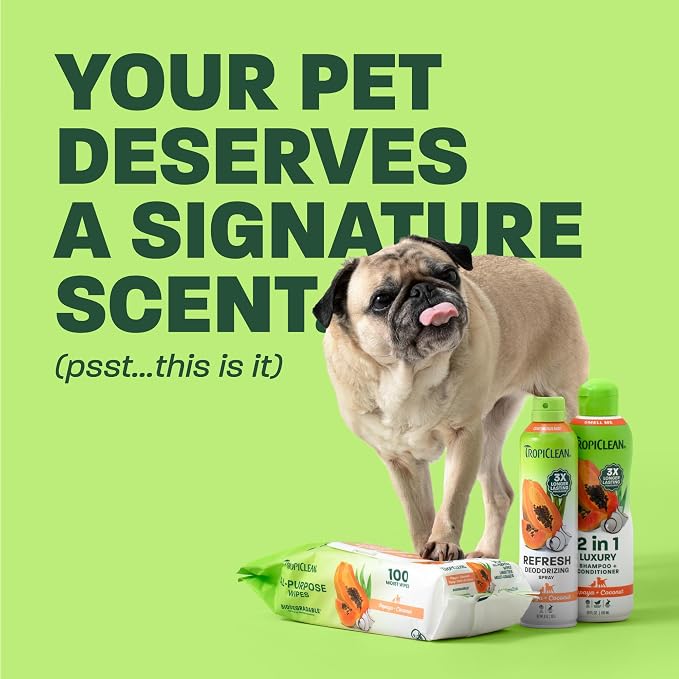 TropiClean Dog Grooming Kit, Papaya Pamper Pack (2-in-1 Dog Shampoo and Conditioner 20oz, Dog Perfume 12oz, Dog Wipes 100ct)