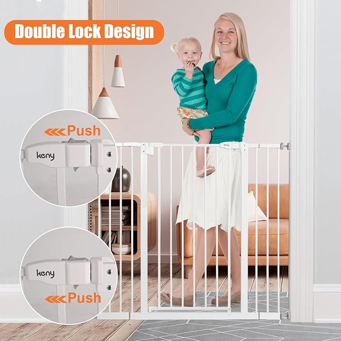 keny 36" Extra Tall Baby Gate for Stairs, 29"-42.5" Wide Auto Close Dog Gate, Pressure Mounted Easy Walk Through Pet Gate for Doorways, Durable Safety Stair Gate, White