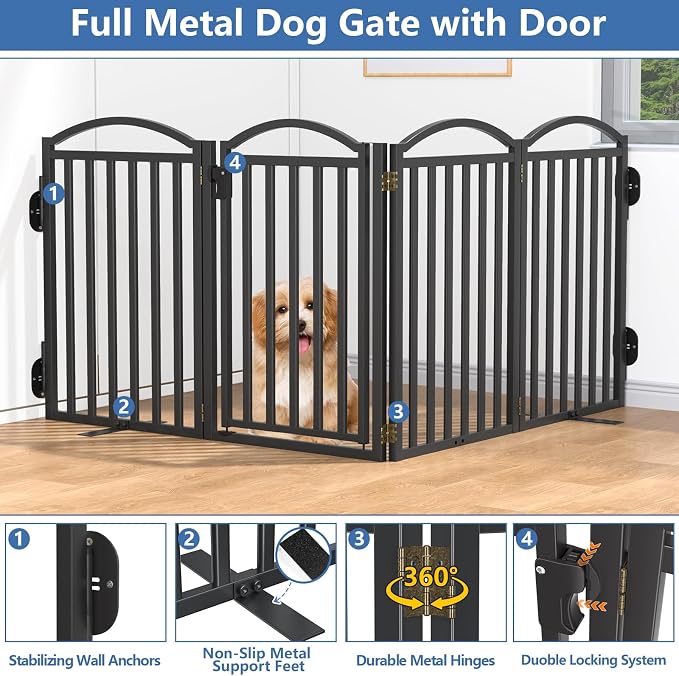 Malier Metal Freestanding Dog Gates with Door, 32'' Height Outdoor Indoor Dog Fences, Extra Wide Foldable Puppy Gate for Stairs (Black, 【4 Panels with Door】 80''W × 32''H)