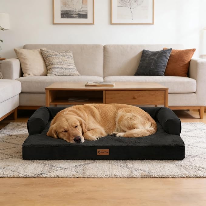 Orthopedic Dog Beds for Large Medium Sized Dogs, Waterproof Egg Crate Foam Large Dog Couch Beds with Comfy Bolster 36x27Inch, Washable Pet Beds with Removable Cover, Black