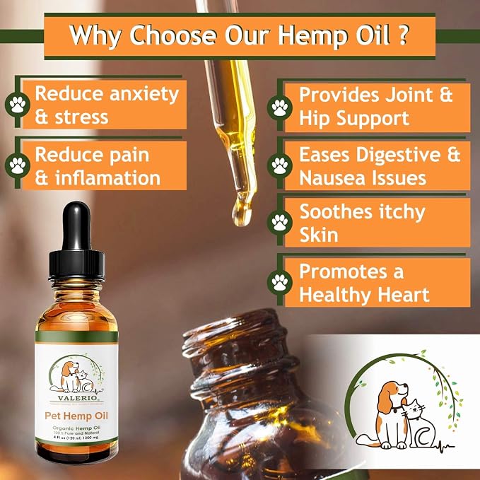 Valerio Pets Hemp Oil for Dogs and Cats , 4 Oz , - Hemp Oil Drops with Omega Fatty Acids - Hip and Joint Support and Skin Health