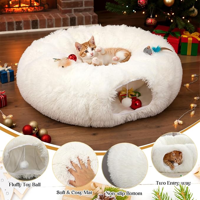Thyle Christmas Cat Tunnel Bed Under Christmas Tree for Indoor Cats Xmas Pet Donut Tunnel with Cushion Foldable Round Pet Toy for Small Animals Kitten(3ft X 3ft X 9.8in,White,Plush)