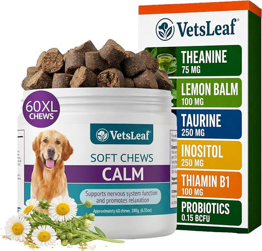 Calming Chews for Dogs - Dog Anxiety Relief and Calming Sleep Support with Theanine, Lemon Balm, Taurine & Inositol - Fireworks, Thunderstorms & Separation Anxiety - Made in USA - 60 Count