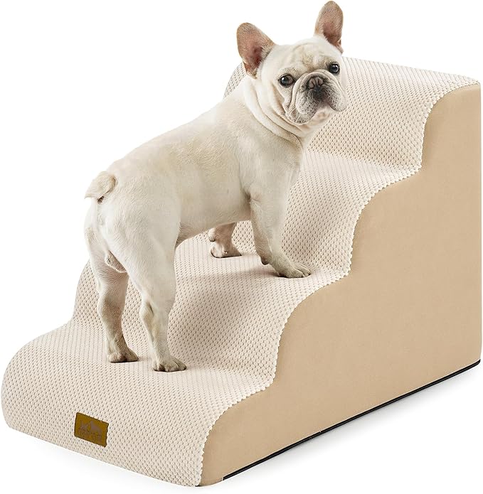 COZY KISS Wide Dog Stairs for Small Dog 19.7" H, Pet Step for Puppy, Older Cat, Curved Ramp for High Bed or Car, Stairs with High Density Foam, Lightweight, Durable, 4 Step, 17.7x28x19.7 inch, Beige