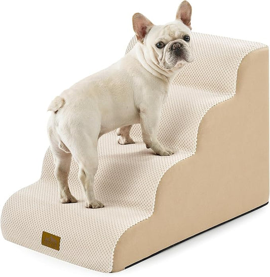COZY KISS Wide Dog Stairs for Small Dog 19.7" H, Pet Step for Puppy, Older Cat, Curved Ramp for High Bed or Car, Stairs with High Density Foam, Lightweight, Durable, 4 Step, 17.7x28x19.7 inch, Beige