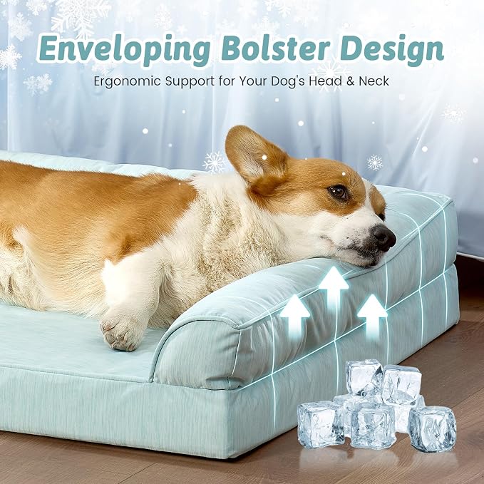 COZY KISS Cooling Dog Bed for Medium Dogs, 36"x27" Orthopedic Foam Sofa with Bolster Sides, Q-Max >0.4 Cooling Technology, Cool Pet Bed with Removable Washable Cover, Green
