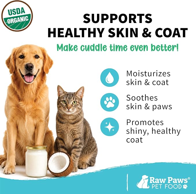 Raw Paws Virgin Organic Coconut Oil for Dogs & Cats (16-oz) - Skin & Coat | Dry Nose & Paw Balm - Itchy Skin Support - Hot Spot Care - Cat Hairball Support - Edible Pet Supplement