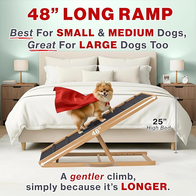 Adjustable Dog Ramp for Bed - 48" Long Foldable Wooden Ramp for Dogs to Get on Bed, Couch, or Car with 16.5" Wide Walking Space (Natural Wood with Gray Carpet)
