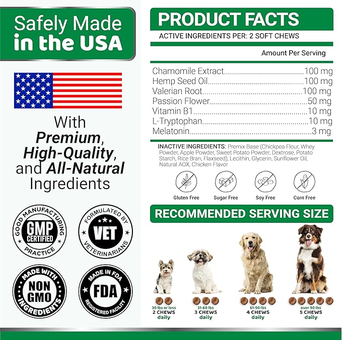 Hemp Calming Chews for Dogs - Advanced Dog Calming Chews - 170 Chews - Anxiety Relief Treats - Separation Aid, Barking, Stress Relief, Thunderstorms - Melatonin - Hemp Oil - Made in USA