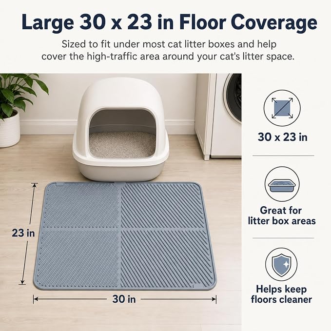Silicone Cat Litter Mat 30" x 23",Large Cat Litter Mat for Litter Box, Waterproof Easy to Clean & Soft on Kitty Paws,Kitty Litter Pads for Indoor Cats-Grey