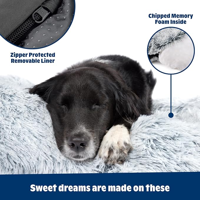 Barkbox Dog Bed, 2-in-1 Memory Foam Donut Cuddler Dog and Cat Bed, Calming Orthopedic Joint Relief Fur Crate Lounger for Pets, Machine Washable + Removable Cover, Waterproof Lining, Includes Toy