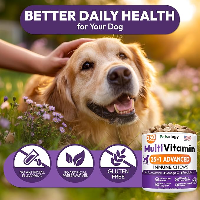 25-in-1 Dog Vitamins and Supplements - 250 Chews Dog Multivitamin Chewable with Glucosamine, Probiotics Omega 3 for Dogs Skin & Coat Hip & Joint Gut Brain Immune Support - Senior & Puppy Multivitamin