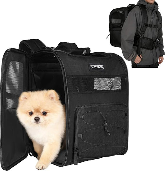 Hiking Dog Carrier Backpack, Adjustable Waist Cushioning Belt with Breathable Padded Back Support, Dog Carrier for Hiking with 5 Pockets, Dog Carrier Backpack for Small Dogs Max 13LB Black